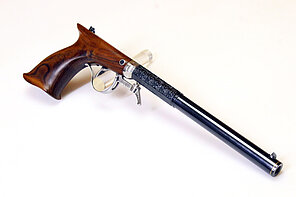 Unterhammer-Perkussionspistole – Typ "Billinghurst" Ardesa (Spanien) im Koffer mit Zubehör